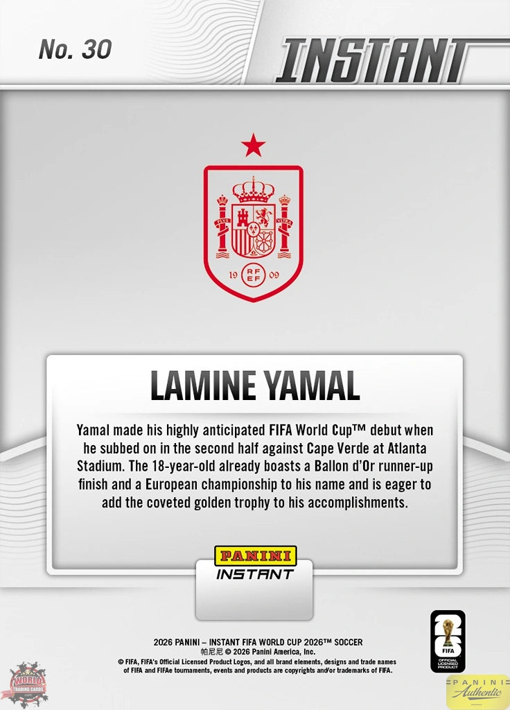 PIWC030 | Panini | FIFA World Cup | 2026 | PANINI INSTANT | Lamine Yamal | Base | Exclusive USA | Limited Editions | PREORDEN | ENVÍO 40 días aproximadamente desde la fecha de compra.