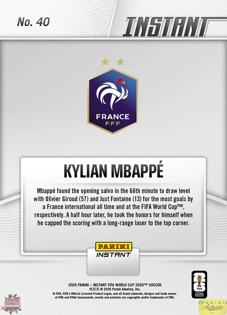 PIWC040 | Panini | FIFA World Cup | 2026 | PANINI INSTANT | Kylian Mbappe | Base | Exclusive USA | Limited Editions | PREORDEN | ENVÍO 40 días aproximadamente desde la fecha de compra.