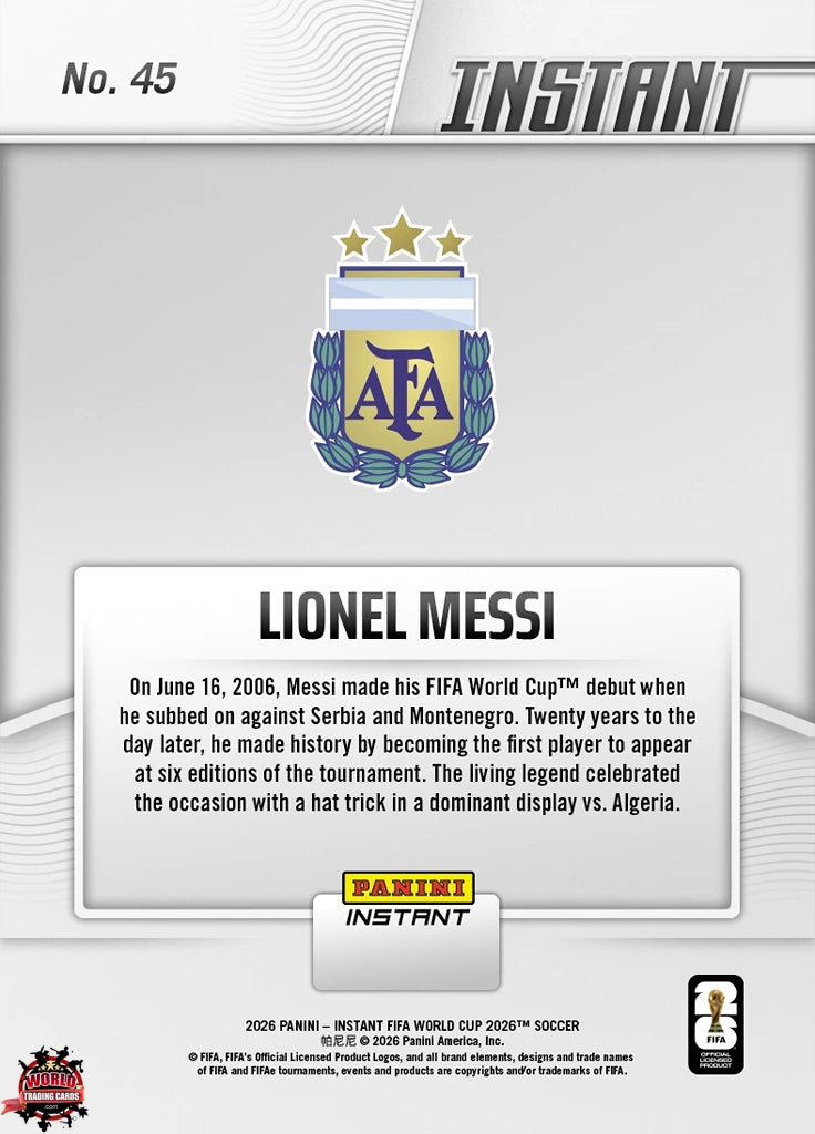 PIWC045 | Panini | FIFA World Cup | 2026 | PANINI INSTANT | Lionel Messi | Base | Exclusive USA | Limited Editions | PREORDEN | ENVÍO 40 días aproximadamente desde la fecha de compra.