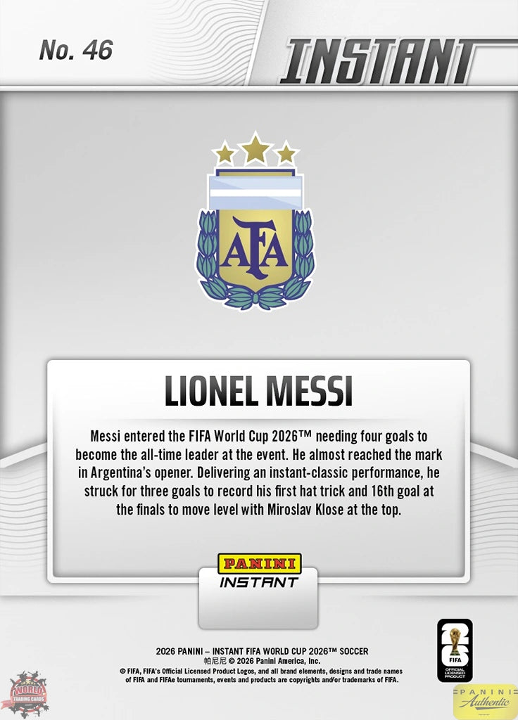 PIWC046 | Panini | FIFA World Cup | 2026 | PANINI INSTANT | Lionel Messi | Base | Exclusive USA | Limited Editions | PREORDEN | ENVÍO 40 días aproximadamente desde la fecha de compra.