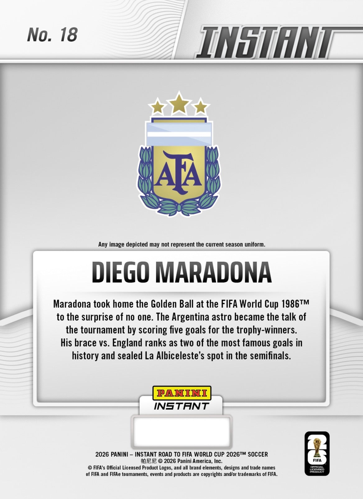 RTWC018 | Panini | Road to FIFA World Cup | 2026 | PANINI INSTANT | Diego Armando Maradona | Base | Exclusive USA | Limited Editions | PREORDEN