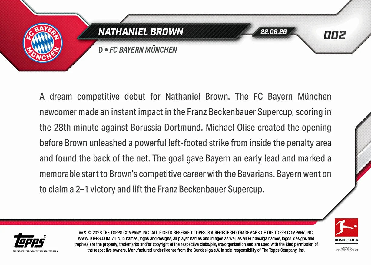 2026-27 | Topps | Now | Bundesliga | #002 | Nathaniel Brown | Base | PREORDEN | ENVÍO 30 días aproximadamente desde la fecha de compra.