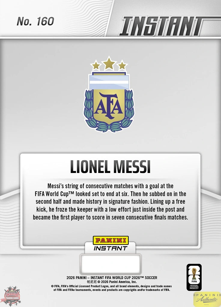 PIWC160 | Panini | FIFA World Cup | 2026 | PANINI INSTANT | Lionel Messi | Base | Exclusive USA | Limited Editions | PREORDEN | ENVÍO 40 días aproximadamente desde la fecha de compra.