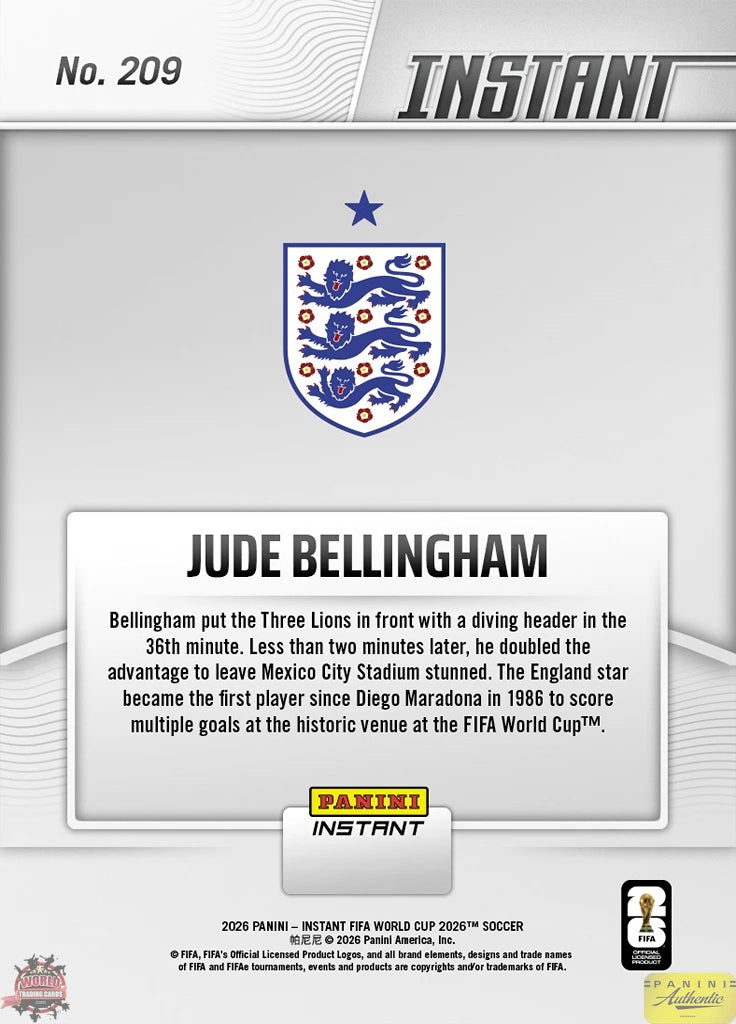 PIWC209 | Panini | FIFA World Cup | 2026 | PANINI INSTANT | Jude Bellingham | Base | Exclusive USA | Limited Editions | PREORDEN | ENVÍO 40 días aproximadamente desde la fecha de compra.