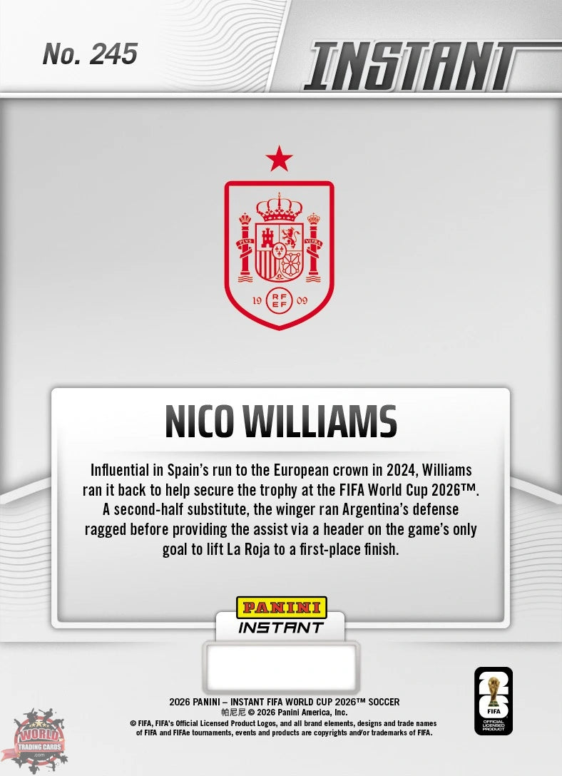 PIWC245 | Panini | FIFA World Cup | 2026 | PANINI INSTANT | Nico Williams | Base | Exclusive USA | Limited Editions | PREORDEN | ENVÍO 40 días aproximadamente desde la fecha de compra.