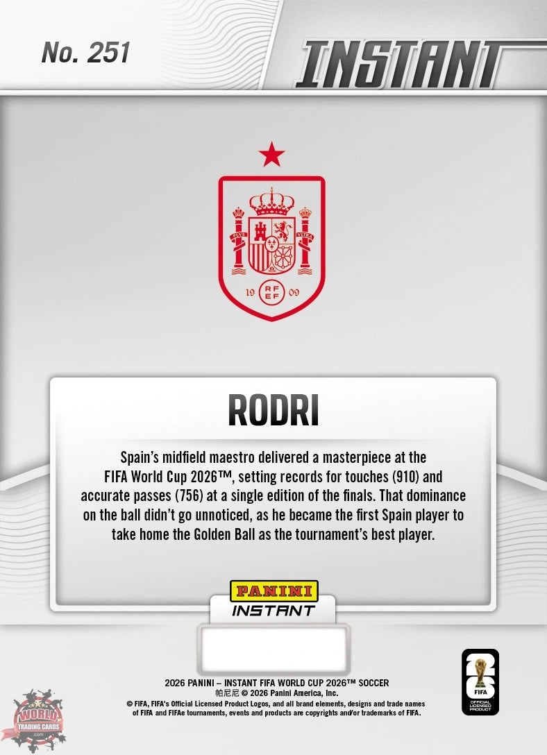 PIWC251 | Panini | FIFA World Cup | 2026 | PANINI INSTANT | Rodri | Base | Exclusive USA | Limited Editions | PREORDEN | ENVÍO 40 días aproximadamente desde la fecha de compra.