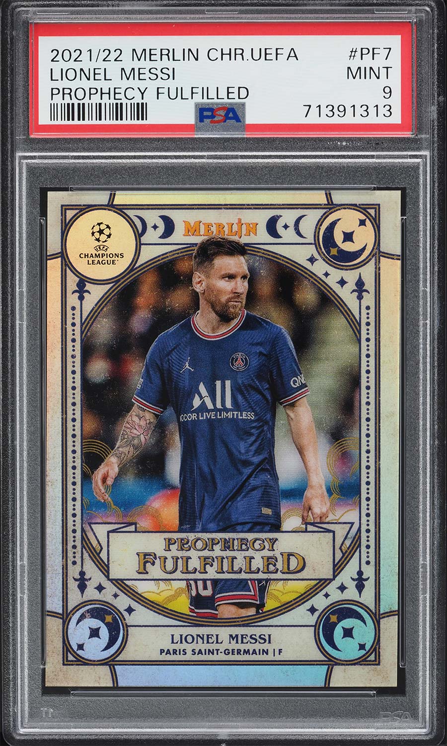 psg graded cards 2021/2022 Topps Merlin Chrome UCL Lionel Messi #PF7 – Prophecy Fulfilled, Graded PSA 9