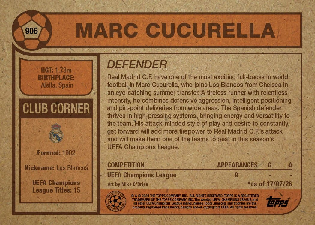 2026 | Topps | Living Set | UCC | #906 | Marc Cucurella | Real Madrid | BAJO PEDIDO | ENVÍO 30 días aproximadamente desde la fecha de compra.