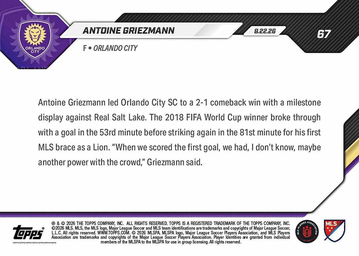 2026 | Topps | Now | MLS | Antoine Griezmann | Base | #067 | Limited Editions | BAJO PEDIDO | ENVÍO 30 días aproximadamente desde la fecha de compra.