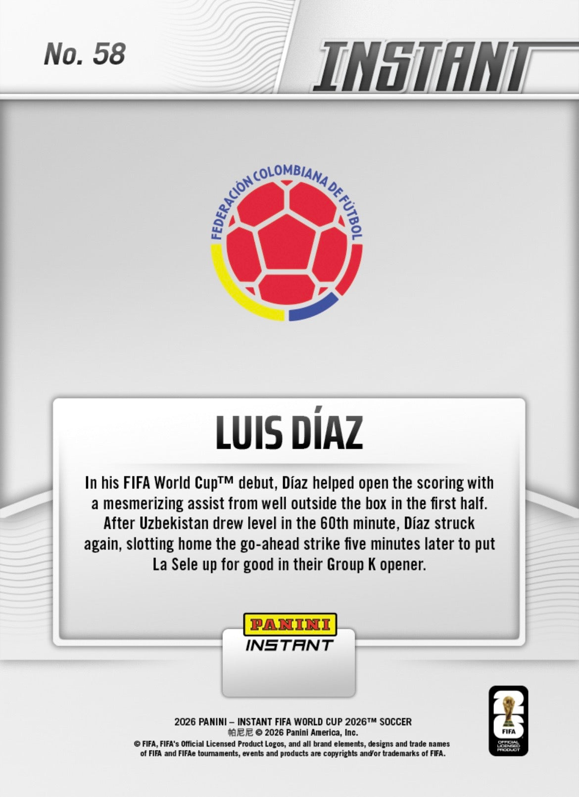 PIWC058 | Panini | FIFA World Cup | 2026 | PANINI INSTANT | Luis Díaz | Base | Exclusive USA | Limited Editions | PREORDEN | ENVÍO 40 días aproximadamente desde la fecha de compra.