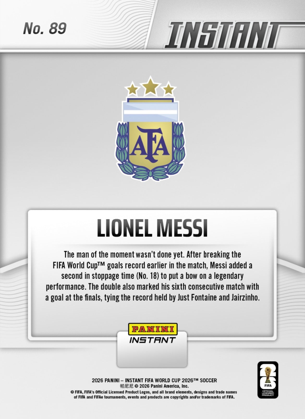 PIWC089 | Panini | FIFA World Cup | 2026 | PANINI INSTANT | Lionel Messi | Base | Exclusive USA | Limited Editions | PREORDEN | ENVÍO 40 días aproximadamente desde la fecha de compra.