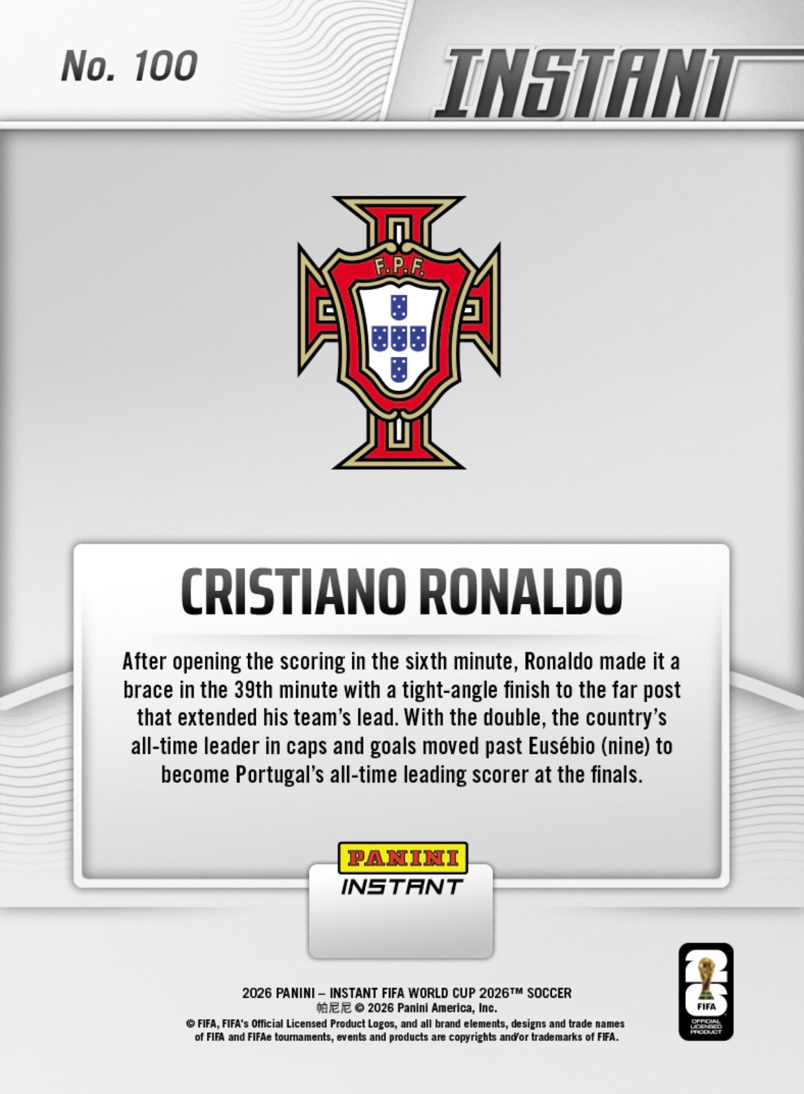PIWC100| Panini | FIFA World Cup | 2026 | PANINI INSTANT | Cristiano Ronaldo | Base | Exclusive USA | Limited Editions | PREORDEN | ENVÍO 40 días aproximadamente desde la fecha de compra.