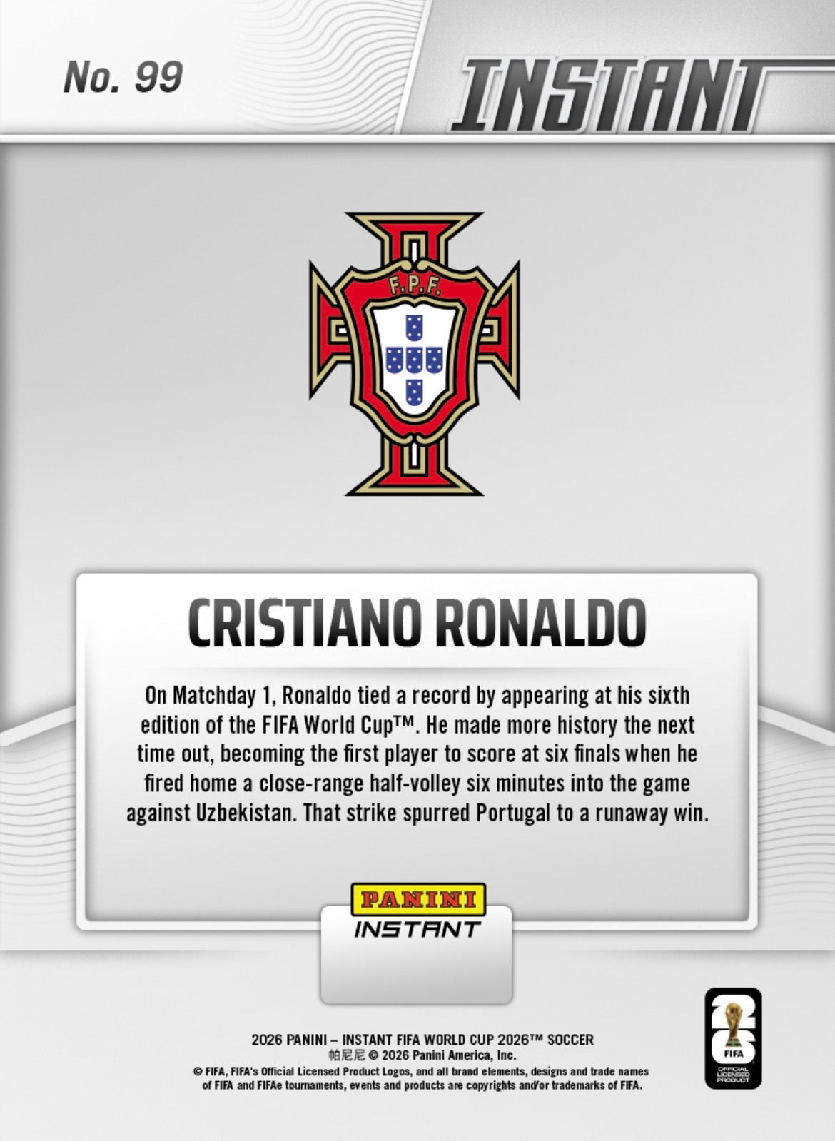 PIWC099| Panini | FIFA World Cup | 2026 | PANINI INSTANT | Cristiano Ronaldo | Base | Exclusive USA | Limited Editions | PREORDEN | ENVÍO 40 días aproximadamente desde la fecha de compra.