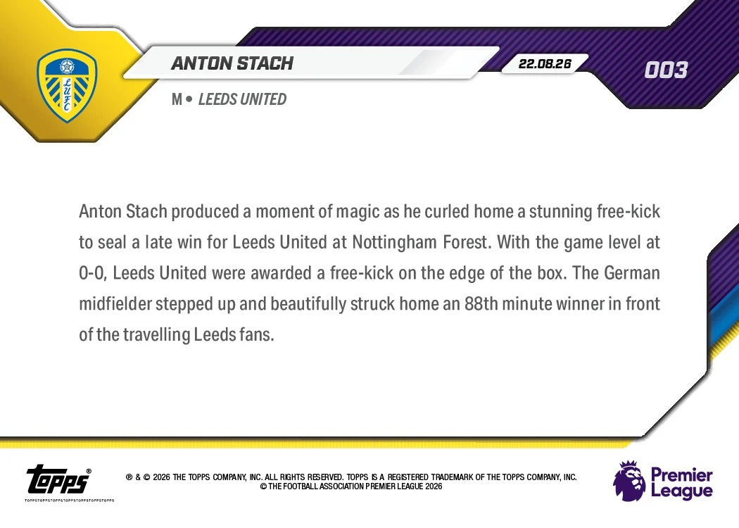 2026-27 | Topps | Now | Premier League | Anton Stach | Base | #003 | BAJO PEDIDO | ENVÍO 30 días aproximadamente desde la fecha de compra.