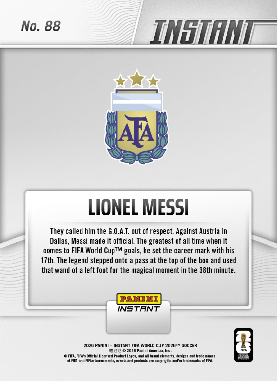 PIWC088 | Panini | FIFA World Cup | 2026 | PANINI INSTANT | Lionel Messi | Base | Exclusive USA | Limited Editions | PREORDEN | ENVÍO 40 días aproximadamente desde la fecha de compra.