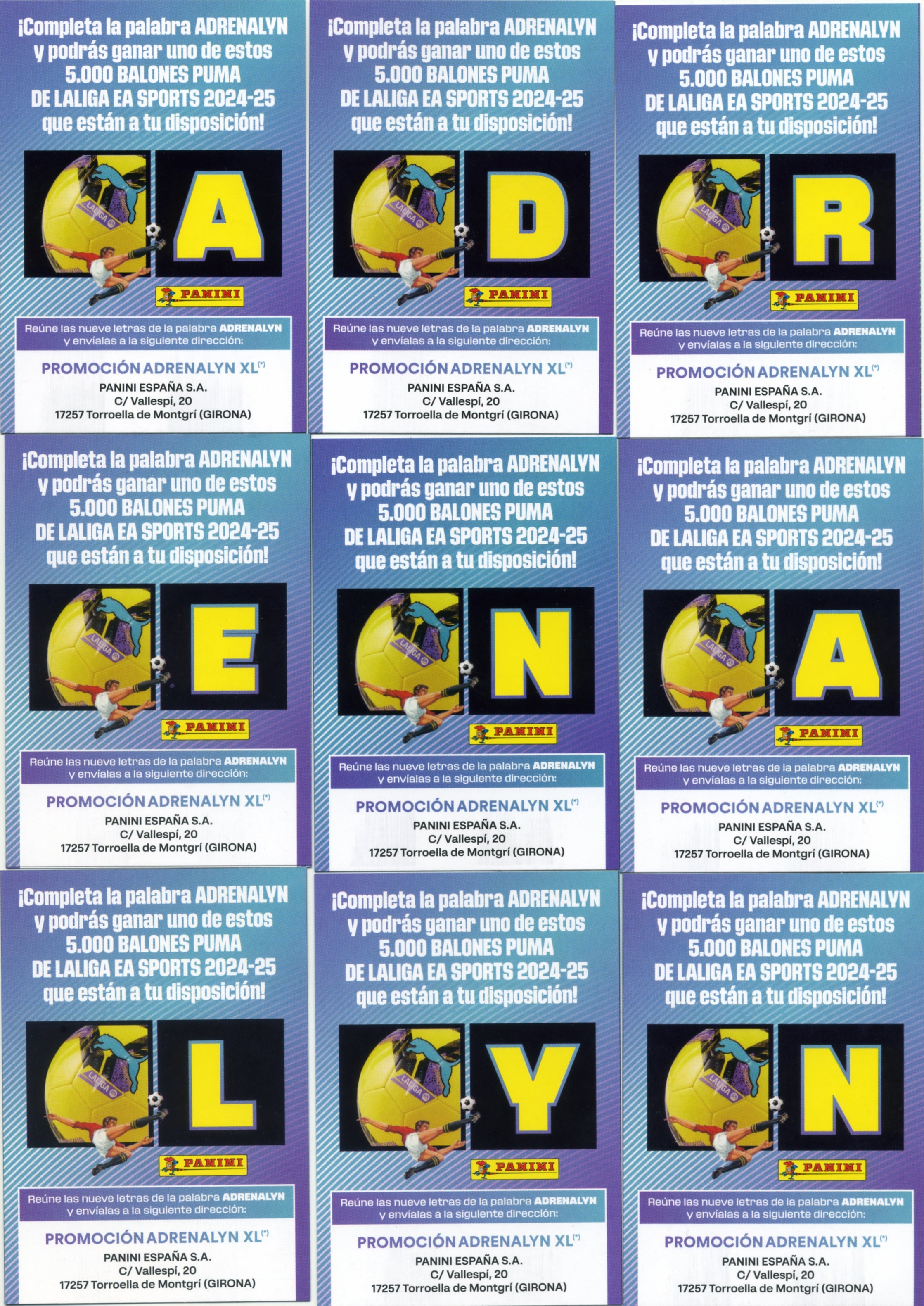 Letras Balón Liga - Lote todas las 9 Letras "ADRENALYN" - Panini Adrenalyn XL La Liga 2024/2025