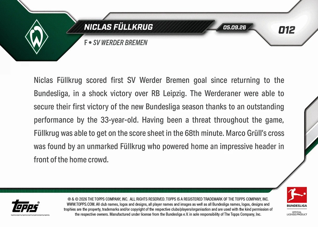 2026-27 | Topps | Now | Bundesliga | #012 | Niclas Fullkrug | Base