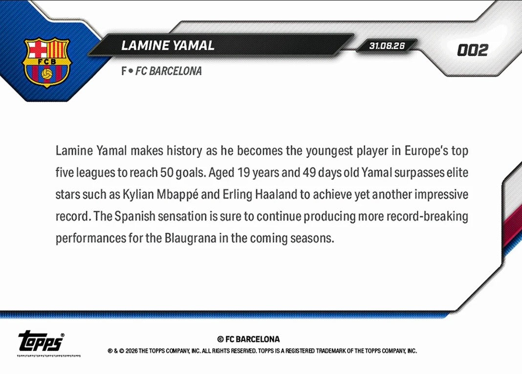 2026-27 | Topps | Now | Barcelona | #002 | Lamine Yamal | Base | Youngest 50 Goals
