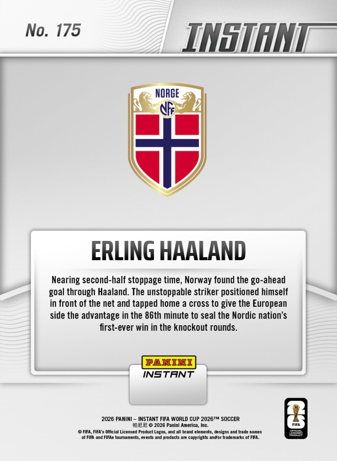 PIWC175 | Panini | FIFA World Cup | 2026 | PANINI INSTANT | Erling Haaland | Base | Exclusive USA | Limited Editions | PREORDEN | ENVÍO 40 días aproximadamente desde la fecha de compra.