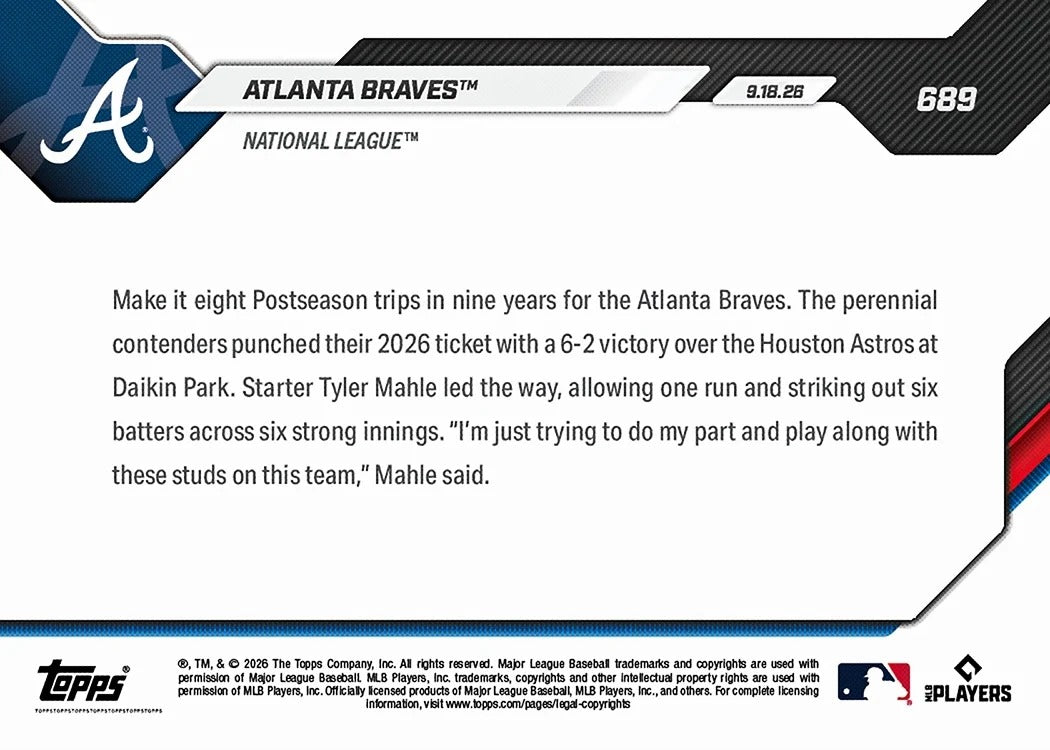 2026 | Topps | Now | MLB | #689 | Atlanta Braves | Base