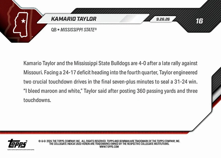 2026-27 | Topps | Now | Bowman U | #016 | Kamario Taylor | Base