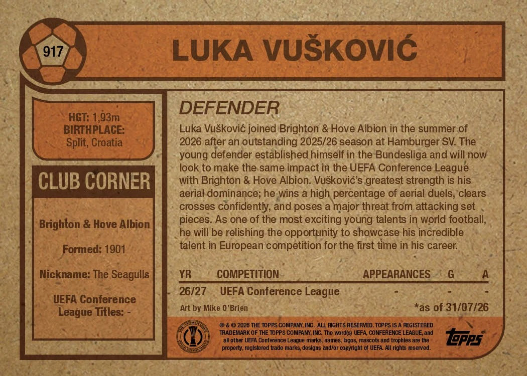 2026 | Topps | Living Set | UCC | #917 | Luka Vuskovic | Brighton & Hove Alvion | Base