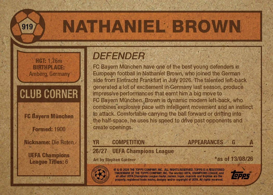 2026 | Topps | Living Set | UCC | #919 | Nathaniel Brown | Bayern Munchen | Base