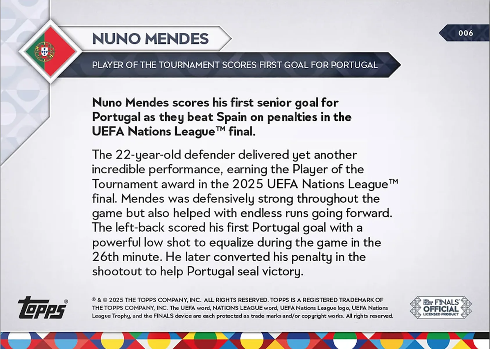 Nuno Mendes - Portugal - 2025 UEFA Nations League Topps NOW - Card 6 - World Trading Cards