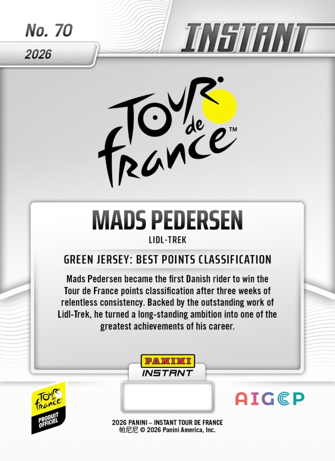 PITF70 | Panini | TOUR DE FRANCE | 2026 | PANINI INSTANT | Mads Pedersen | Base | Exclusive USA | Limited Editions | PREORDEN | ENVÍO 40 días aproximadamente desde la fecha de compra.