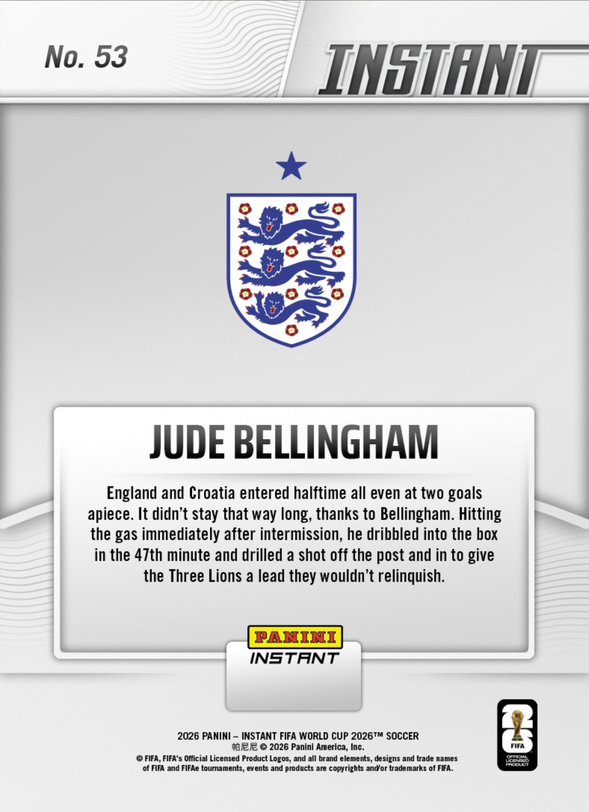 PIWC053 | Panini | FIFA World Cup | 2026 | PANINI INSTANT | Jude Bellingham | Base | Exclusive USA | Limited Editions | PREORDEN | ENVÍO 40 días aproximadamente desde la fecha de compra.