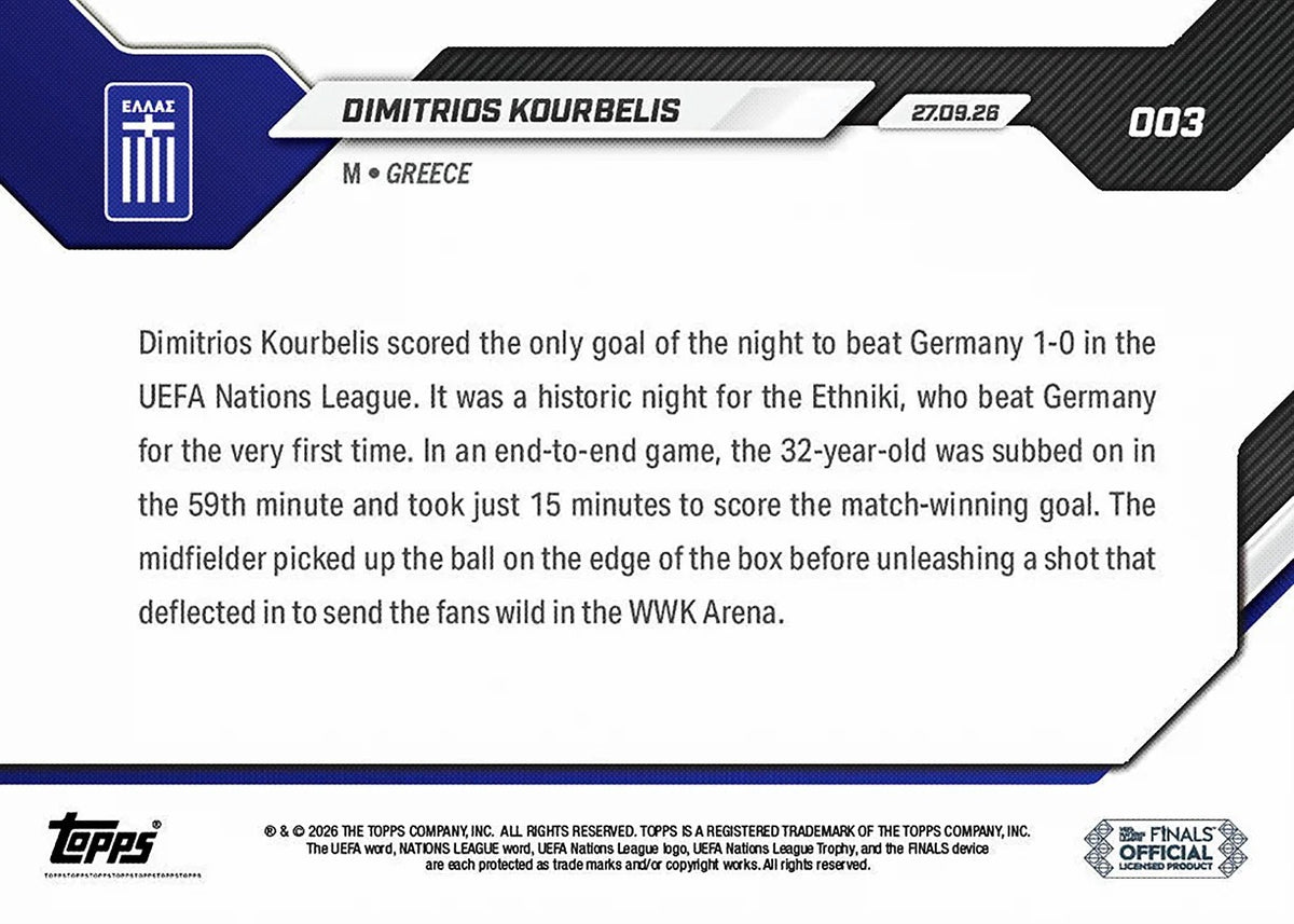 Topps | Now | UEFA Nations League | 2026-27 | #003 | Dimitrios Kourbelis | Base
