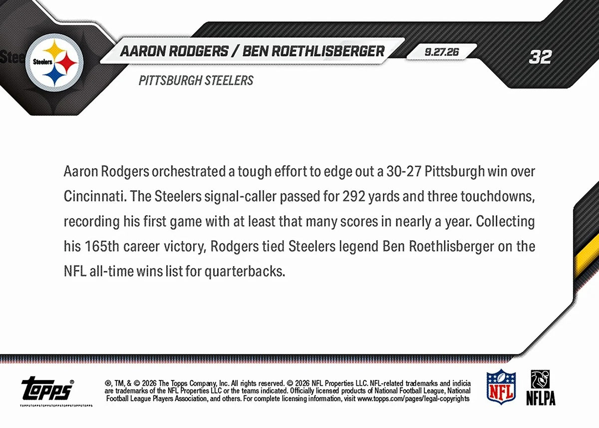 2026 | Topps | Now | NFL | #032 | Aaron Rodgers / Ben Roethlisberger | Base