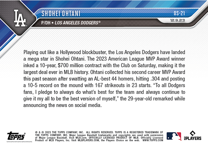 Shohei Ohtani - 2023 - Topps Now MLB - #OS-21 - Dodgers - Signed 10 Years LA Dodgers - World Trading Cards