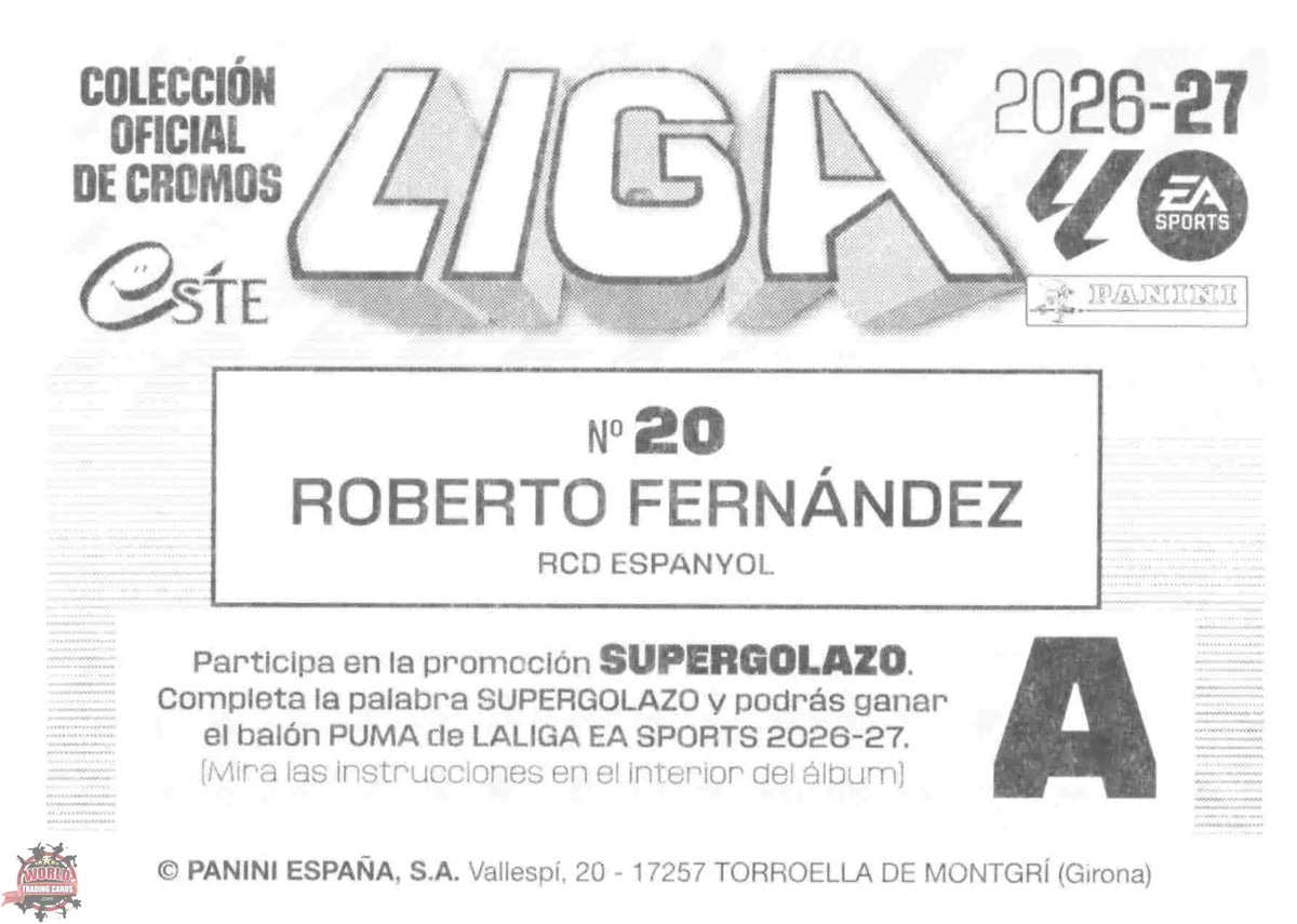 Panini | Liga Este | 2026-2027 | RCD Espanyol | Basico | #20 | Roberto Fernández