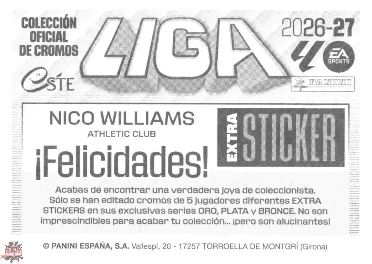 Panini | Liga Este | 2026-2027 | Athletic Club de Bilbao | Extra Sticker - Bronce | #ESB03 | Nico Williams