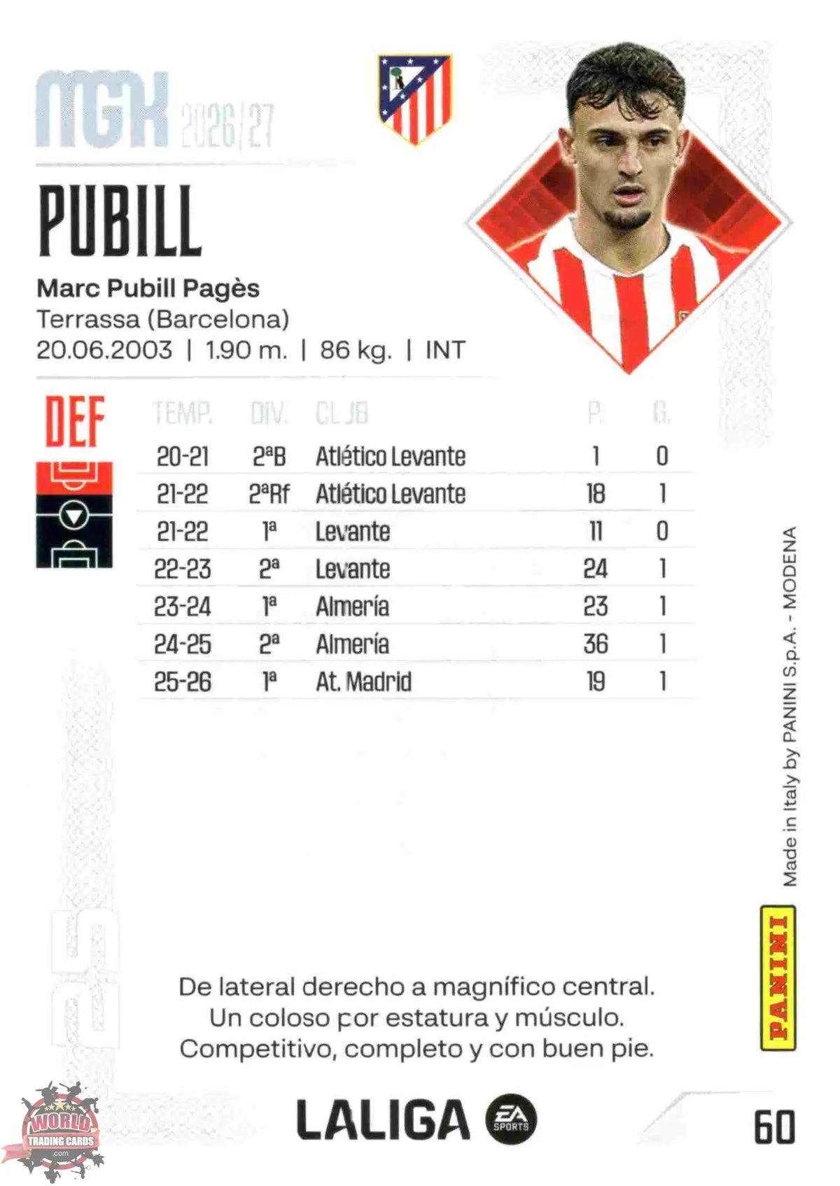 Panini | Megacracks | 2026-2027 | #060 | Pubill | Atlético de Madrid | Basico