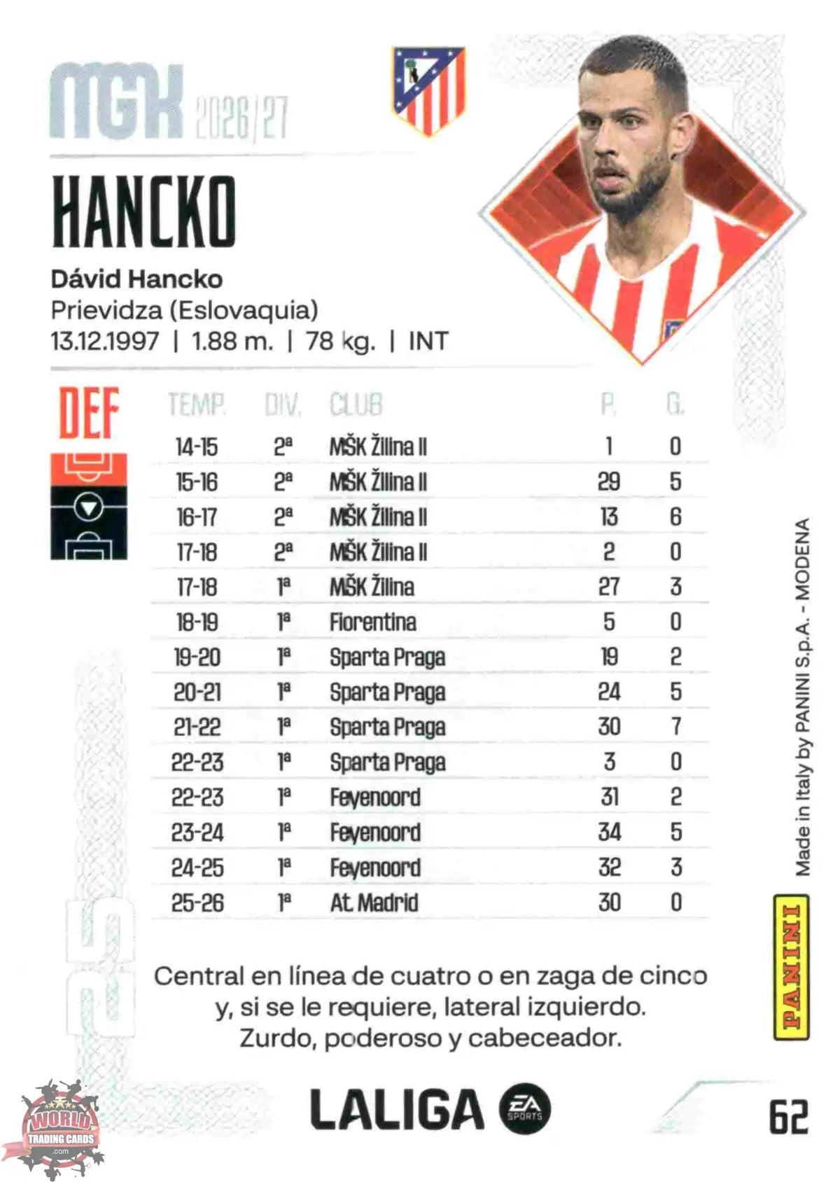 Panini | Megacracks | 2026-2027 | #062 | Hancko | Atlético de Madrid | Basico