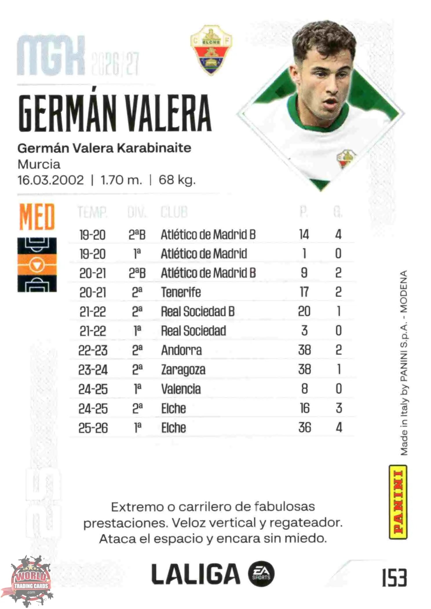Panini | Megacracks | 2026-2027 | #153 | Germán valera | Elche CF | Basico