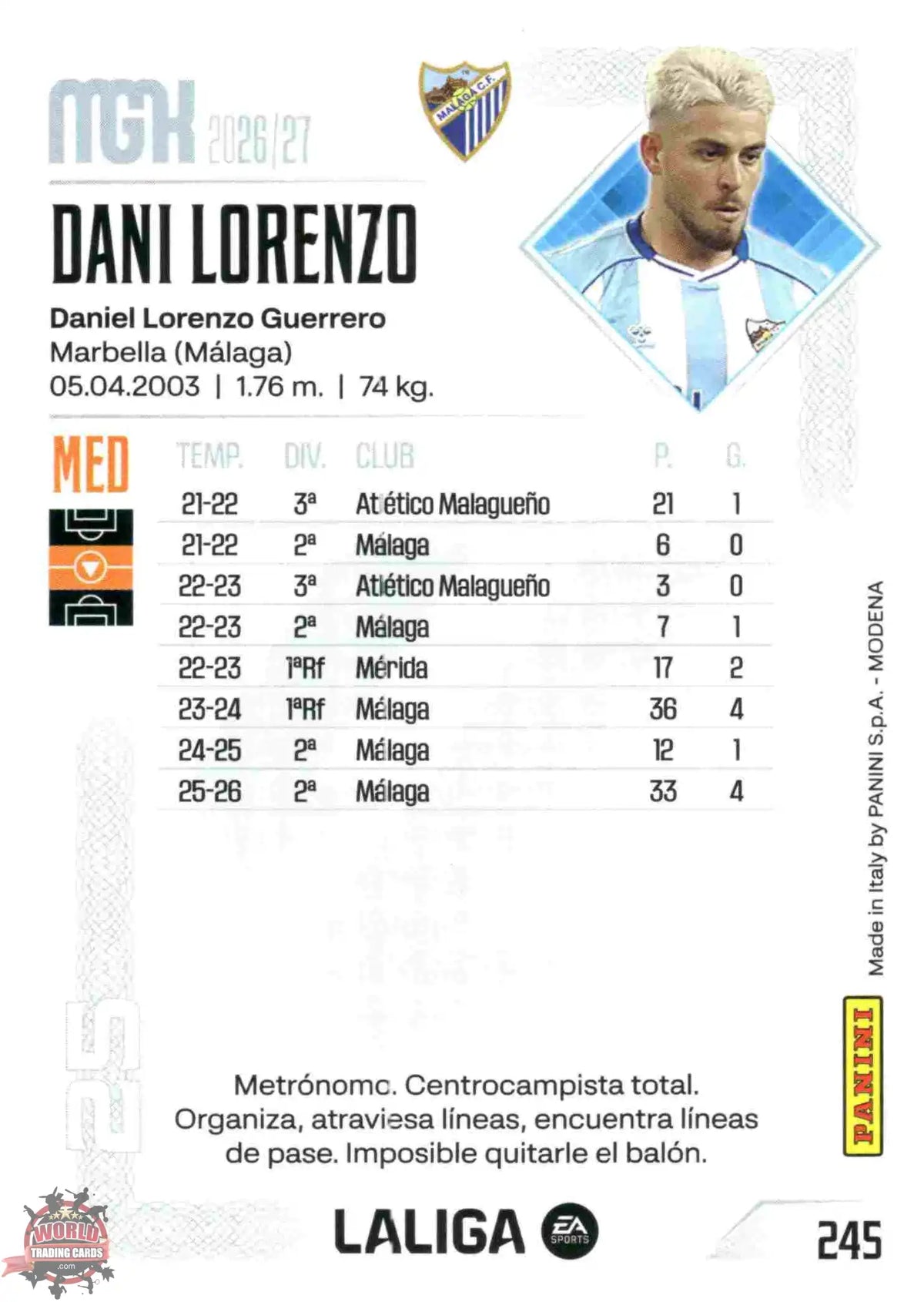 Panini | Megacracks | 2026-2027 | #245 | Dani Lorenzo | Málaga CF | Basico