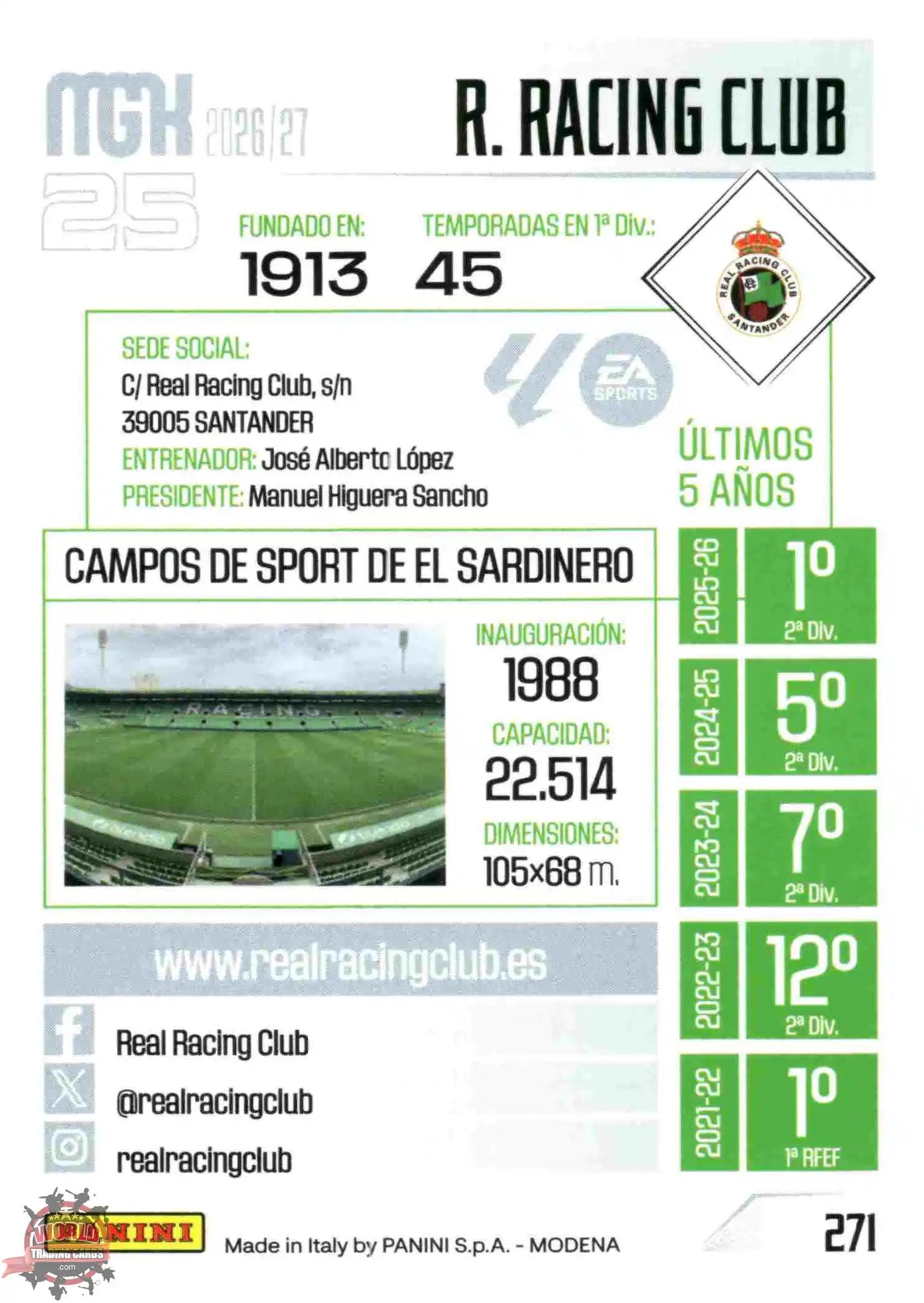 Panini | Megacracks | 2026-2027 | #271 | Escudo | Real Racing Club | Basico