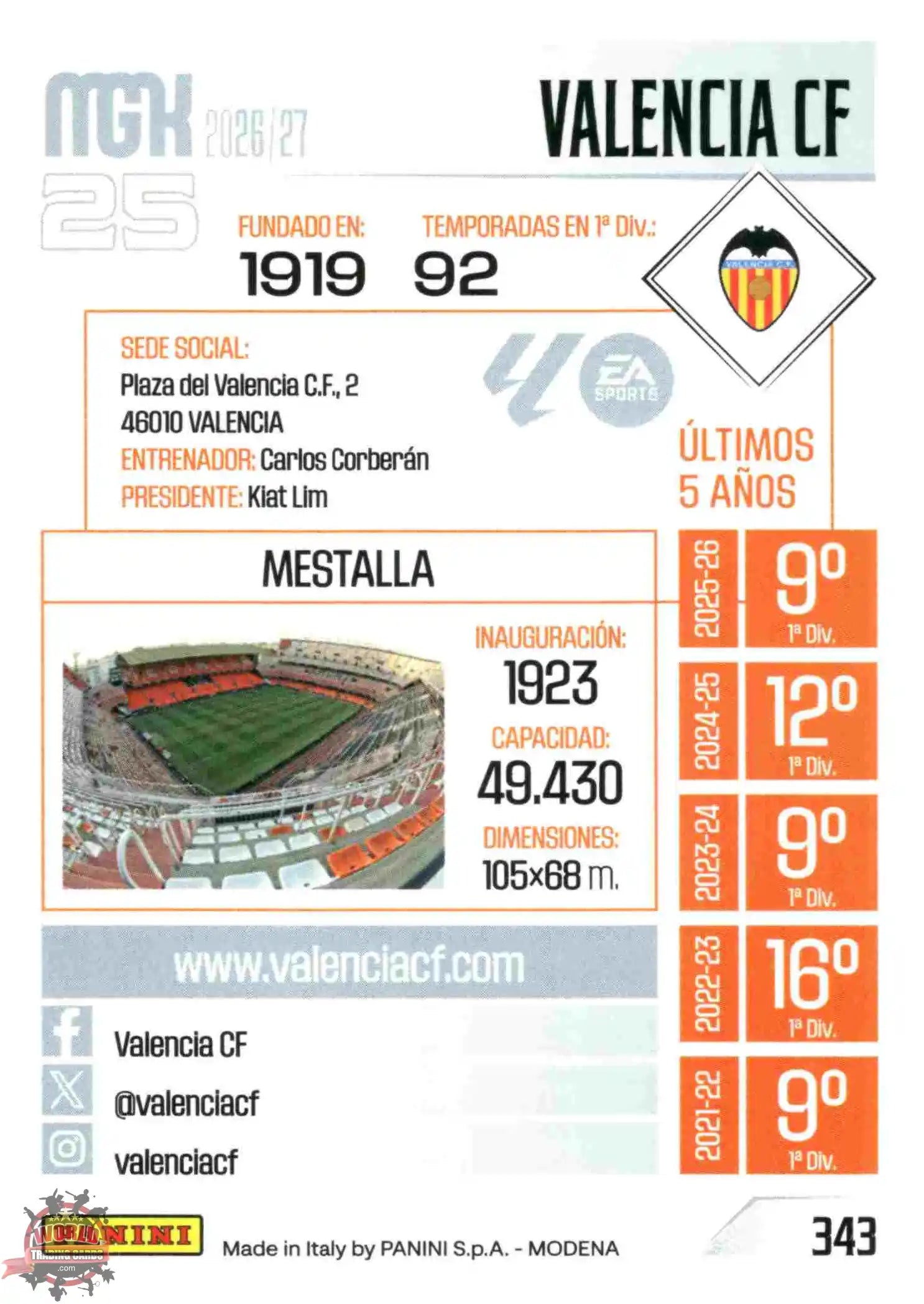 Panini | Megacracks | 2026-2027 | #343 | Escudo | Valencia CF | Basico