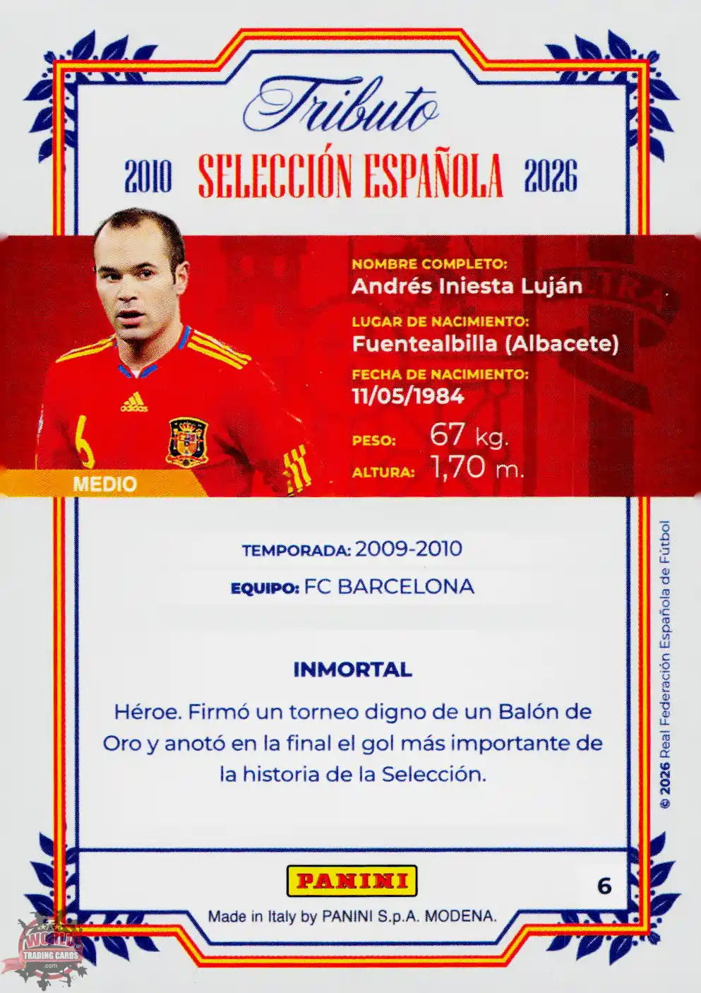 #PTBESP/06 | Panini | Tributo España | Vamos Campeones | 2026 | Sudafrica 2010 | Iniesta