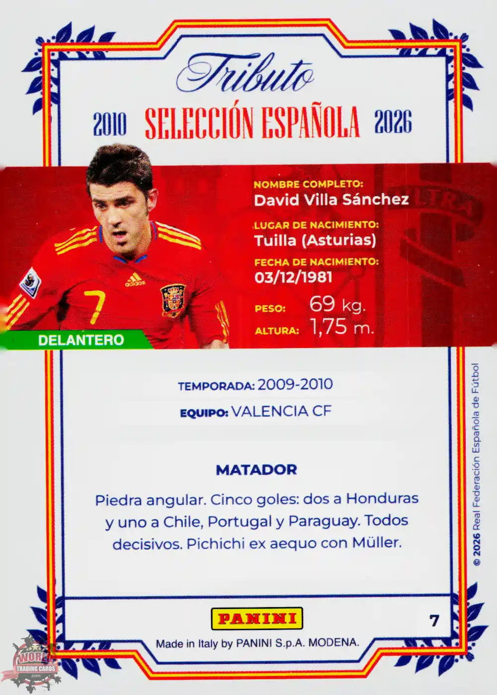 #PTBESP/07 | Panini | Tributo España | Vamos Campeones | 2026 | Sudafrica 2010 | David Villa