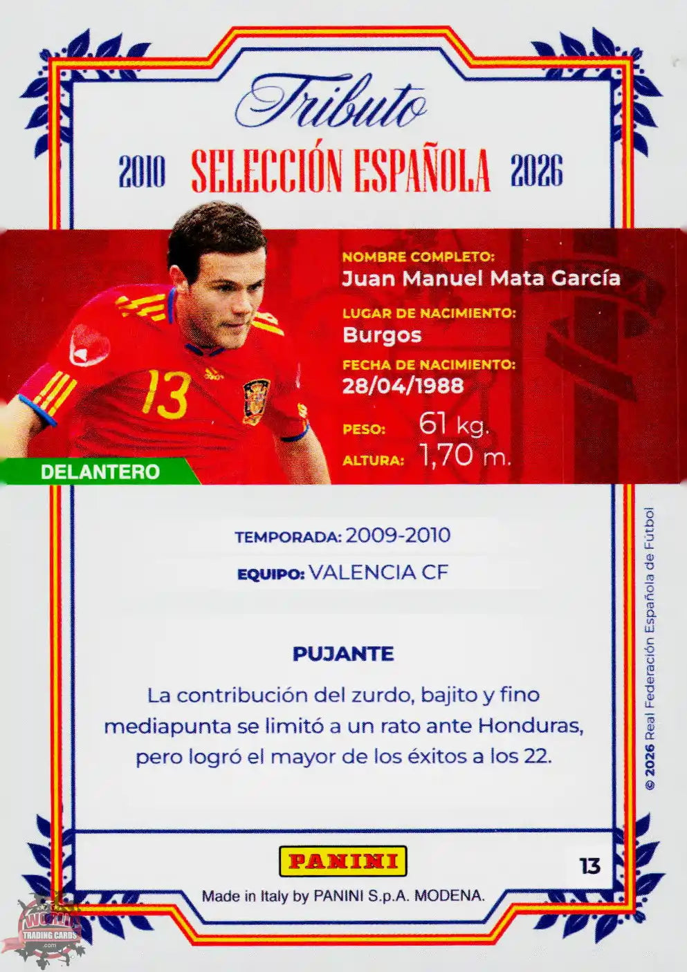 #PTBESP/13 | Panini | Tributo España | Vamos Campeones | 2026 | Sudafrica 2010 | Mata