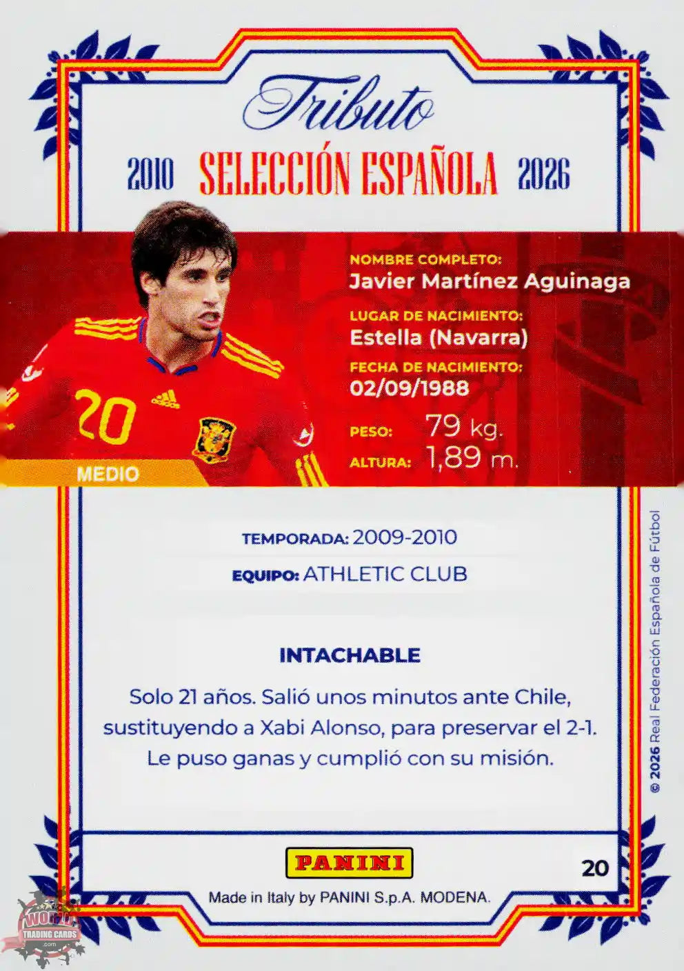 #PTBESP/20 | Panini | Tributo España | Vamos Campeones | 2026 | Sudafrica 2010 | Javi Martinez