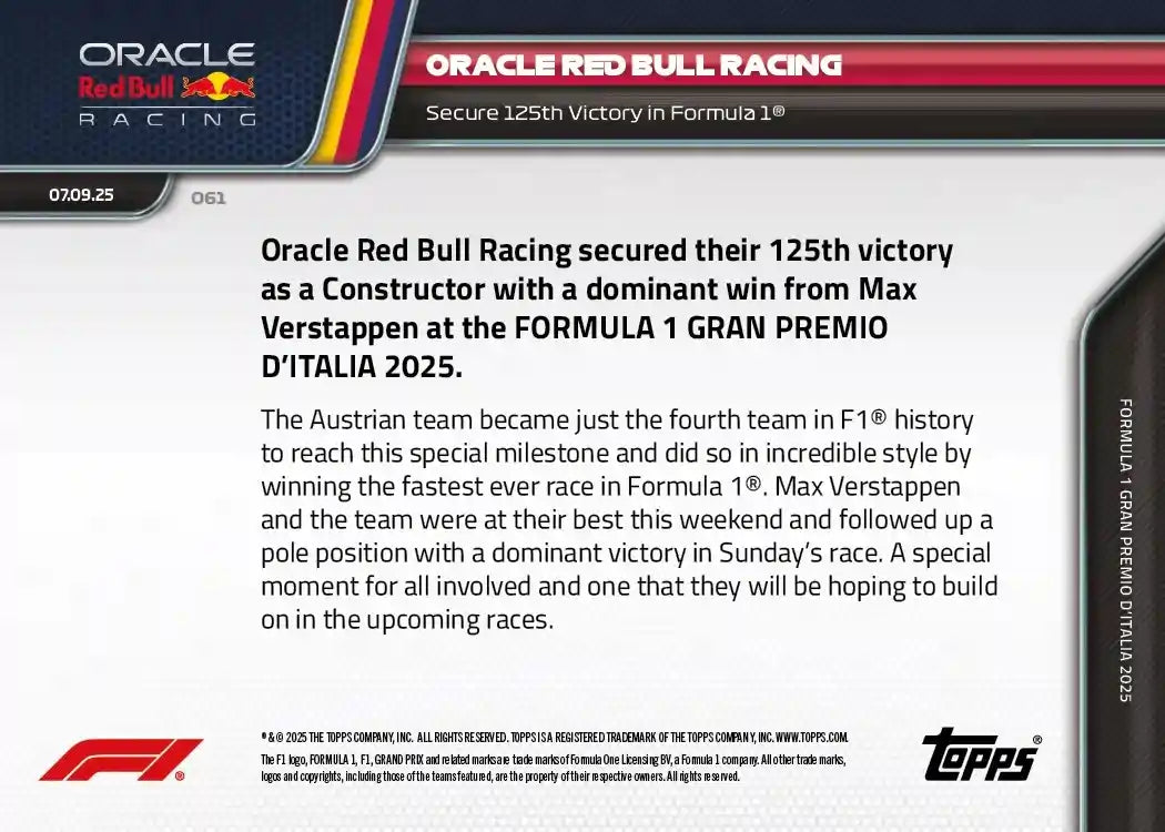 Topps NOW 2025 Formula 1 - Oracle Red Bull Racing - Card #061 - World Trading Cards