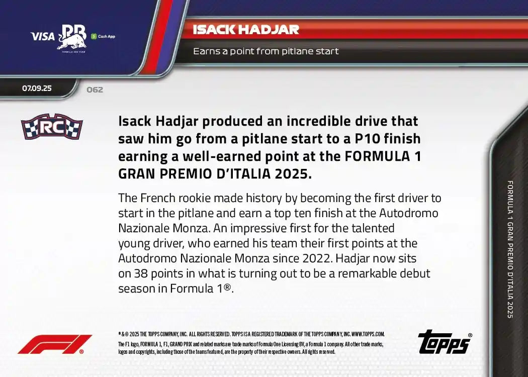 Topps NOW 2025 Formula 1 - Isack Hadjar - Rookie RC -Card #062 - World Trading Cards