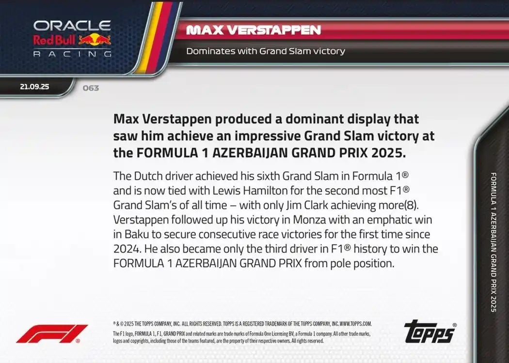 Topps NOW 2025 Formula 1 - Max Verstappen - Card #063 - World Trading Cards