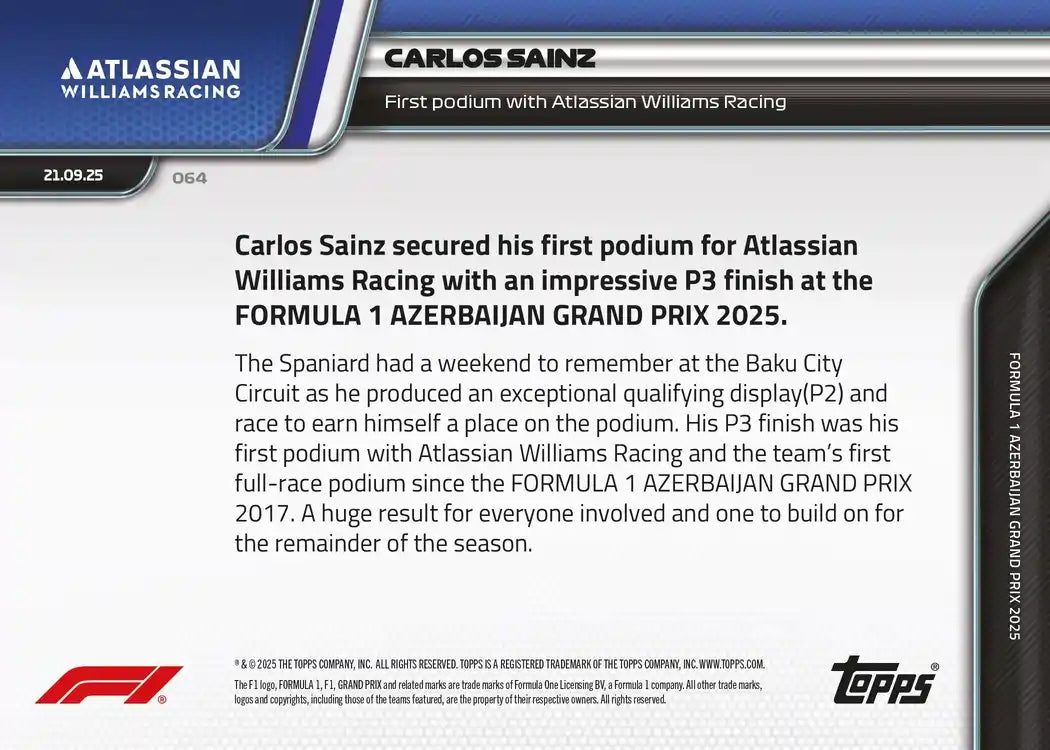 Topps NOW 2025 Formula 1 - Carlos Sainz - Card #064 - World Trading Cards