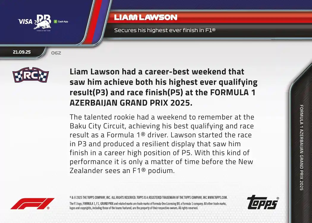 Topps NOW 2025 Formula 1 - Liam Lawson - Rookie RC - Card #065 - World Trading Cards